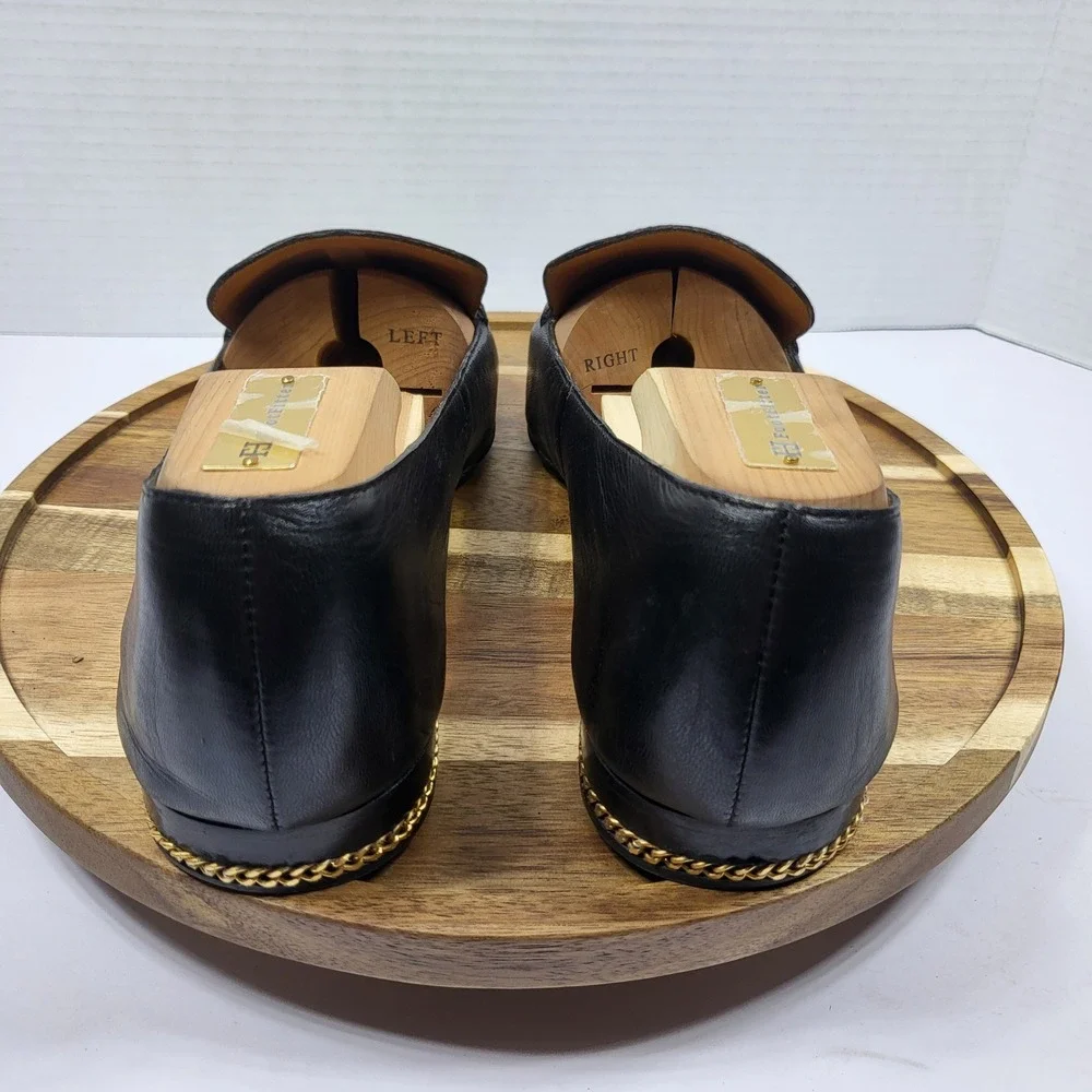 Tory Burch‎ Women's 10.5M Ruby Black Leather Chain Heel Embossed Logo Loafers